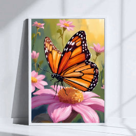 Monarch Butterfly Pink Flower Floral Painting ポスター