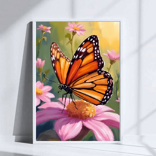 Monarch Butterfly Pink Flower Floral Painting ポスター