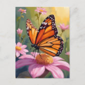 Monarch Butterfly Pink Flower Floral Painting ポストカード (正面)