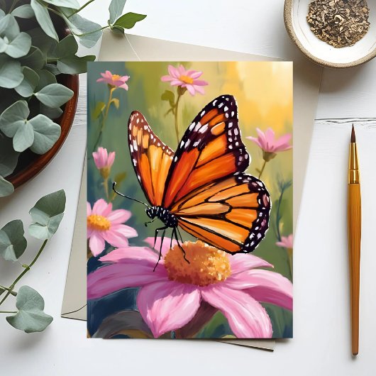 Monarch Butterfly Pink Flower Floral Painting ポストカード