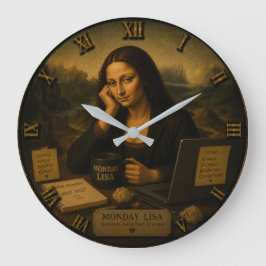 Monday Funny Mona Lisa Office Worker Coffee Humor ラージ壁時計