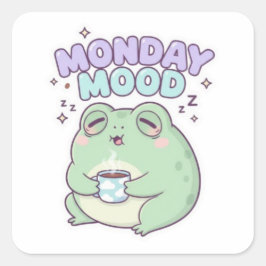 Monday Mood Frog Sticker Cute Sleepy Coffee Frog K スクエアシール