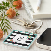 Mondern Black Stripes and Floral Monogram キーホルダー (正面右)