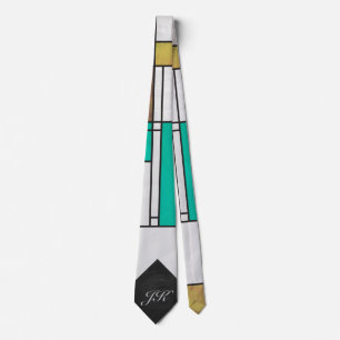 Mondrian Brown Yellow Teal Print ネクタイ