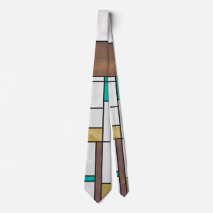 Mondrian Brown Yellow Teal Print ネクタイ