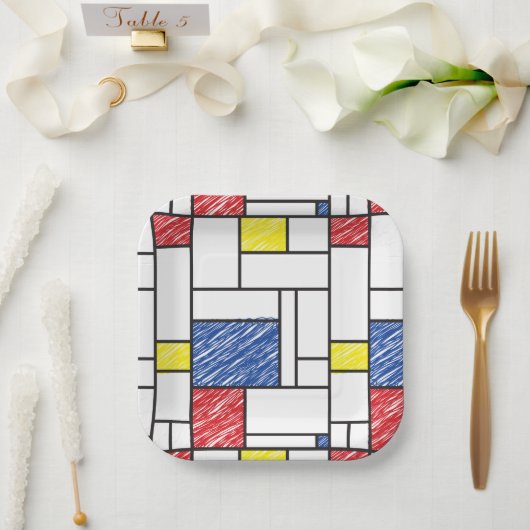 Mondrian Scribbles Minimalist De Stijl Modern Art ペーパープレート (ウェディング)