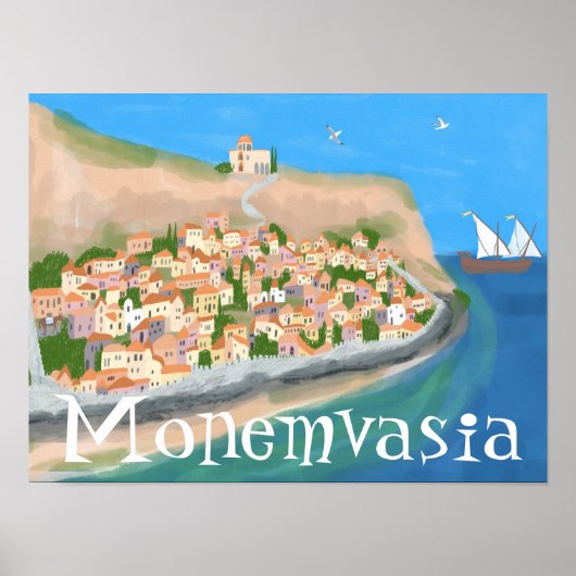 MONEMVASIA GREECEアイランドアートトラベルイラストレーション ポスター (正面)