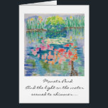 Monetの池カード--スーザンマイヤー著水彩画<br><div class="desc">私はMonetの池で微かに光るライトによってインスパイア。 Monetは彼がすばらしいペインターだったと同様に巧み庭師でした。 ここに私は池に反映された彼の花の植え付けのいくつかを絵を描きました。 すべての行事のための美しいカード、</div>
