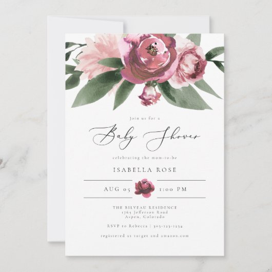 MONET – ほこりっぽいピンク赤面フローラガーデンベイビーシャワー 招待状 (正面)