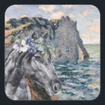 Monet Cliff of Aval & Black Horse Compilation スクエアシール<br><div class="desc">美しくアートワークユニークは、フローラクラウンポートレートオーバーレイと水色の黒い馬の背景としてMonet's Cliff of Aval,  Etretatを特徴とする。</div>