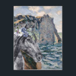 Monet Cliff of Aval & Black Horse Compilation ポストカード<br><div class="desc">美しくアートワークユニークは、フローラクラウンポートレートオーバーレイと水色の黒い馬の背景としてMonet's Cliff of Aval,  Etretatを特徴とする。</div>