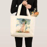 Monet Woman with a Parasol Facing Left ラージトートバッグ<br><div class="desc">Tote Bag featuring Claude Monet’s wife, Camille, holding a green parasol in a beautiful pink field being blown by the wind. A great Monet gift for fans of impressionism and French art.</div>