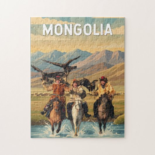 Mongolia Illustration Travel Art Vintage ジグソーパズル (縦)