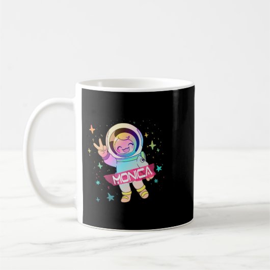MONICA 2かわいい宇宙飛行士と愛らしい少女の名前 コーヒーマグカップ (左)