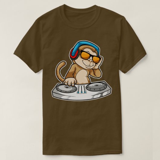 Monkey as DJ with Headphones Mixing Desk Tシャツ (デザイン正面)