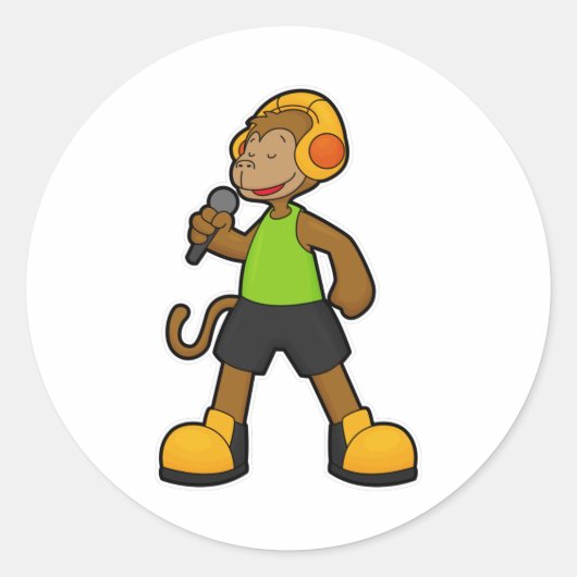 Monkey as Singer with Microphone & Headphone ラウンドシール (正面)