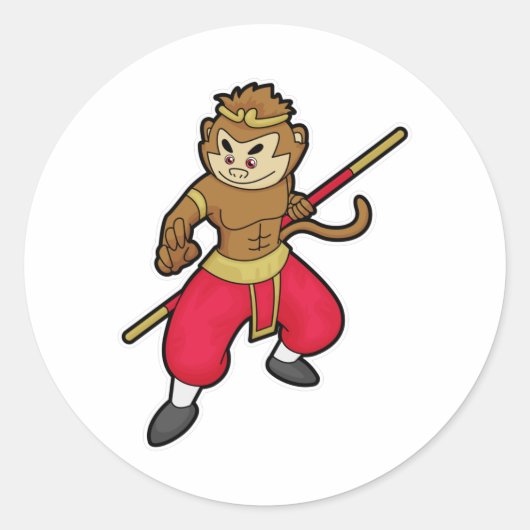 Monkey as Warrior with Staff & Headband ラウンドシール (正面)