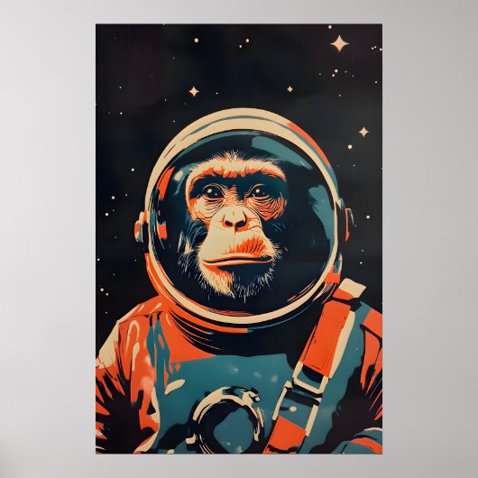 Monkey Astronaut Poster, Monkey Retro Print ポスター (正面)