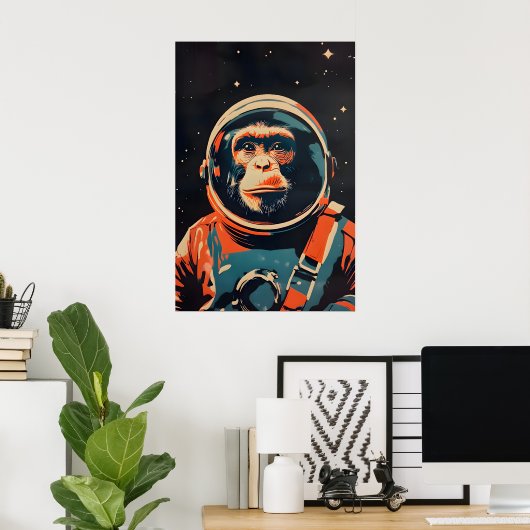 Monkey Astronaut Poster, Monkey Retro Print ポスター (ホームオフィス)
