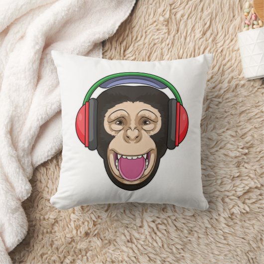 Monkey at Music with Headphone クッション (ブランケット)