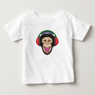 Monkey at Music with Headphone ベビーTシャツ