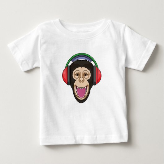 Monkey at Music with Headphone ベビーTシャツ (正面)