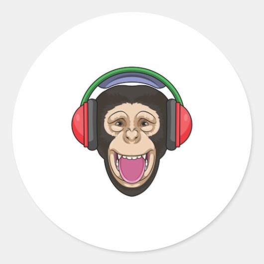 Monkey at Music with Headphone ラウンドシール (正面)