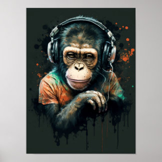 Monkey Chimp DJヘッドフォン、音楽愛好家。 ポスター