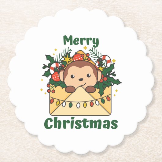Monkey Christmas Letter Winter Animals Monkeys ペーパーコースター (正面)