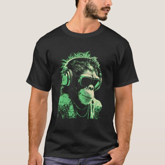 Monkey Dj With Headphone And Sunglasses Tシャツ (正面)