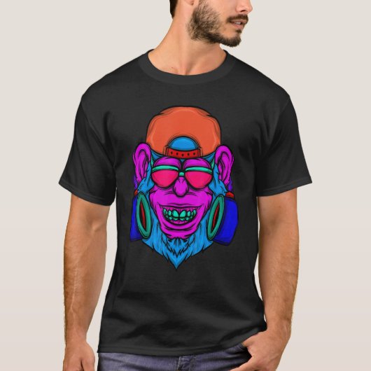Monkey Dj Zookeeper Music Primateレトロ80's 90 Tシャツ (正面)