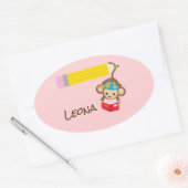 Monkey Hanging by Tail Reading Book with Name 楕円形シール (封筒)