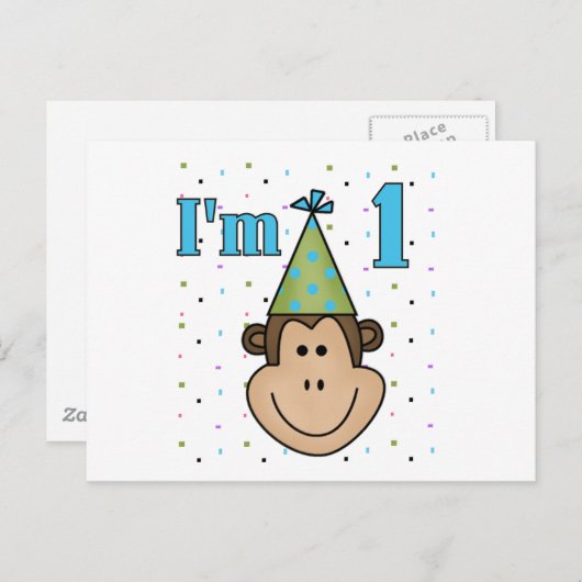 Monkey in パーティーハット1st誕生日Tシャツ インビテーションポストカード (正面/裏面)