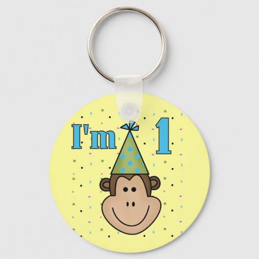 Monkey in パーティーハット1st誕生日Tシャツ キーホルダー (正面)