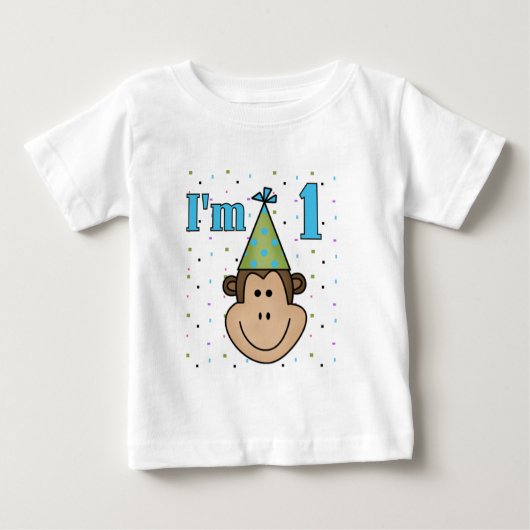 Monkey in パーティーハット1st誕生日Tシャツ ベビーTシャツ (正面)