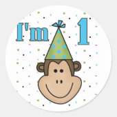 Monkey in パーティーハット1st誕生日Tシャツ ラウンドシール (正面)