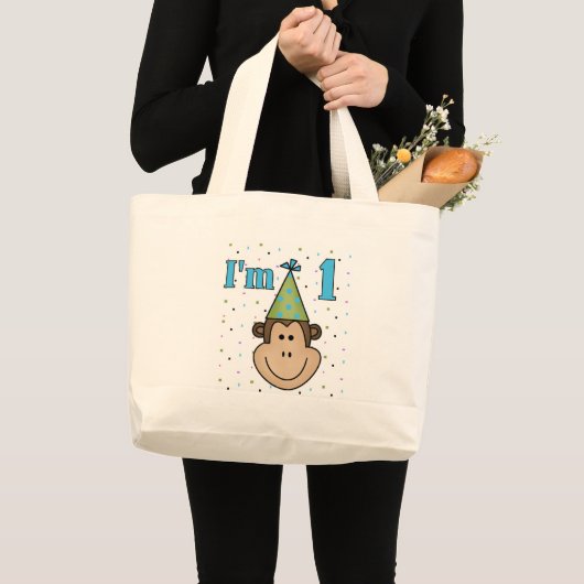 Monkey in パーティーハット1st誕生日Tシャツ ラージトートバッグ (正面(商品))