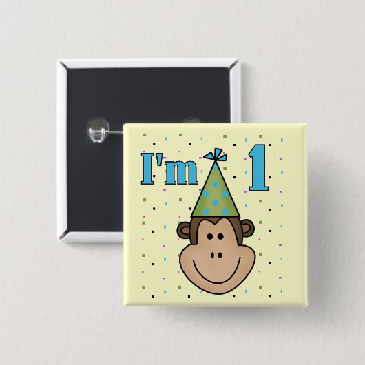 Monkey in パーティーハット1st誕生日Tシャツ 缶バッジ (正面&裏面)