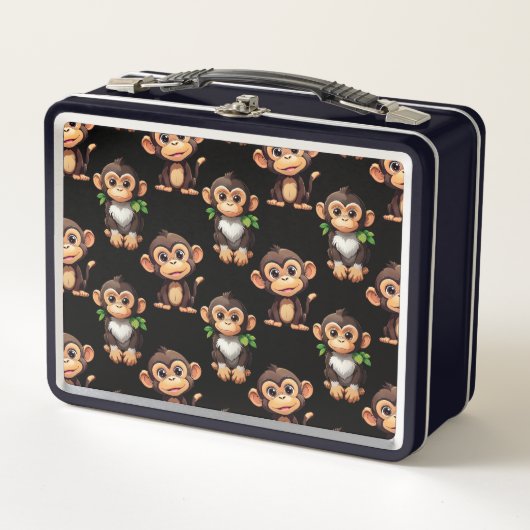 Monkey Pattern Design Black  メタルランチボックス (正面)