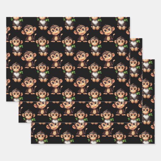 Monkey Pattern Design Black  ラッピングペーパーシート (セット)