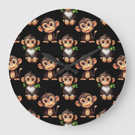 Monkey Pattern Design Black  ラージ壁時計 (正面)