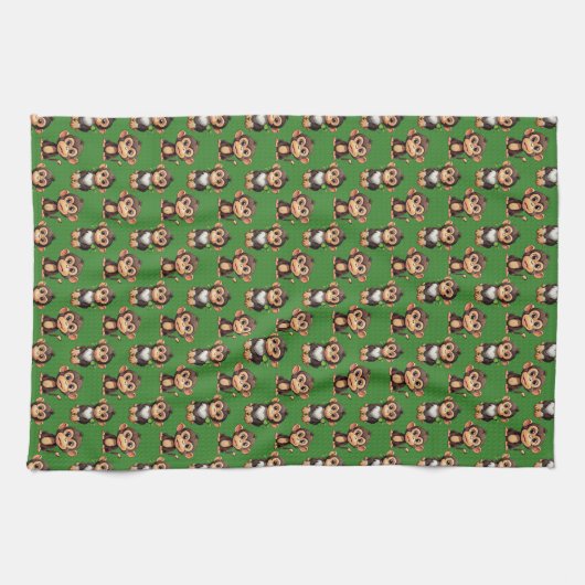 Monkey Pattern Design Green  キッチンタオル (横)