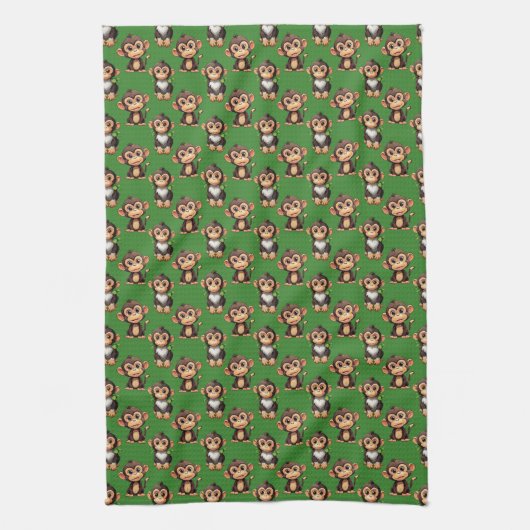 Monkey Pattern Design Green  キッチンタオル (縦)
