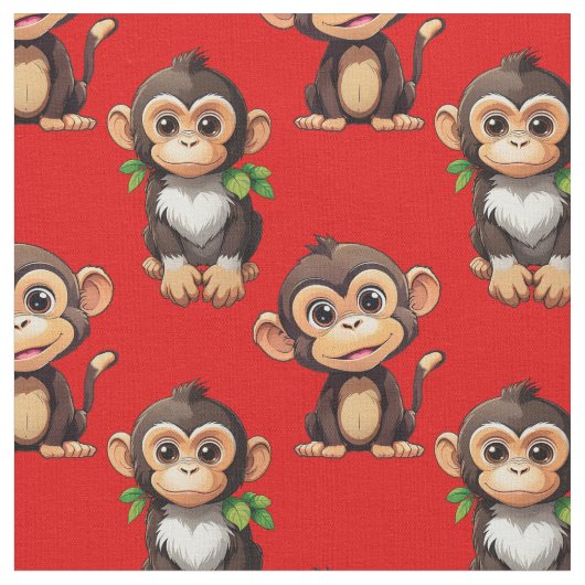 Monkey Pattern Design Red ファブリック (クローズアップ)