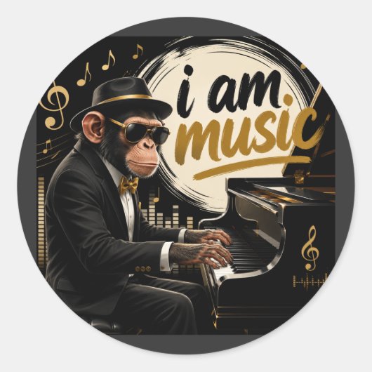 Monkey Playing Piano Music Poster – I Am Music ラウンドシール (正面)
