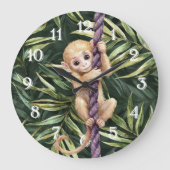 Monkey Purple Rope Green Leaves ラージ壁時計 (正面)