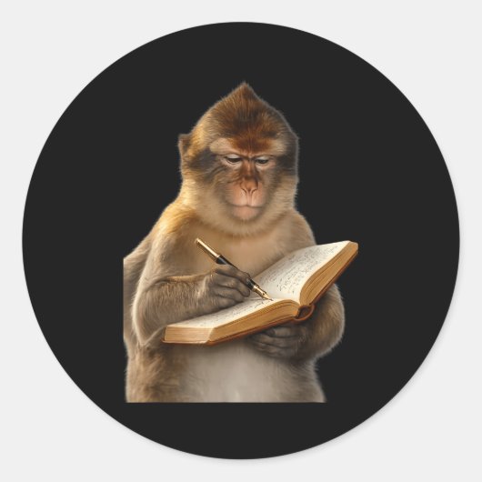 Monkey reading book writing journal book lover ラウンドシール (正面)