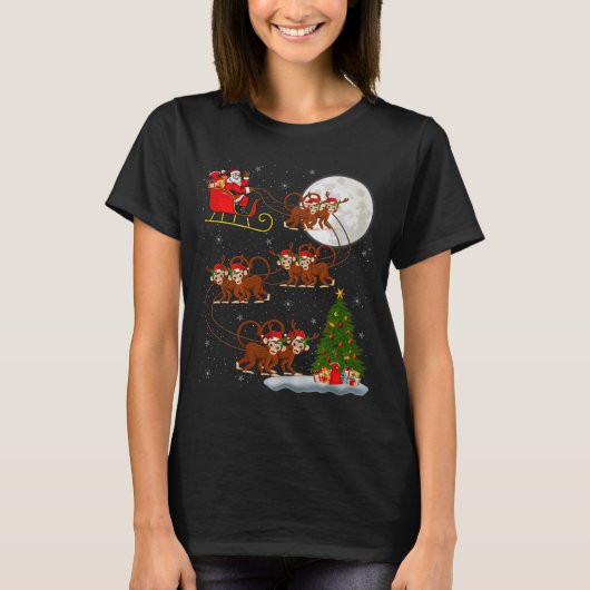 Monkey Santa Sleigh Flying Funny Magical Christmas Tシャツ (正面)