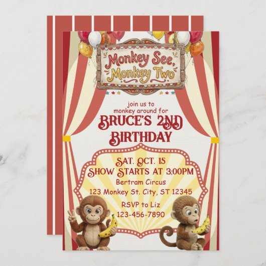 Monkey See Monkey Two, Circus 2nd Birthday 招待状 (正面/裏面)