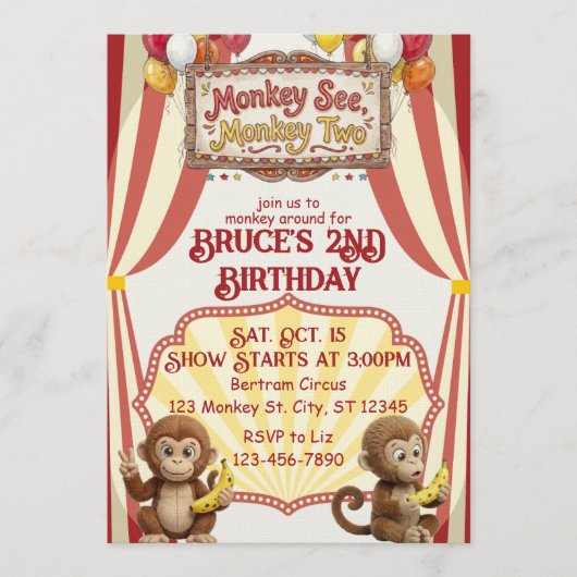 Monkey See Monkey Two, Circus 2nd Birthday 招待状 (正面)